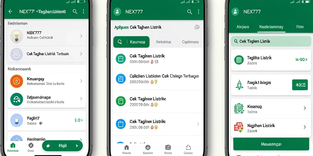 Antarmuka pengguna aplikasi NEX777 untuk cek tagihan listrik.