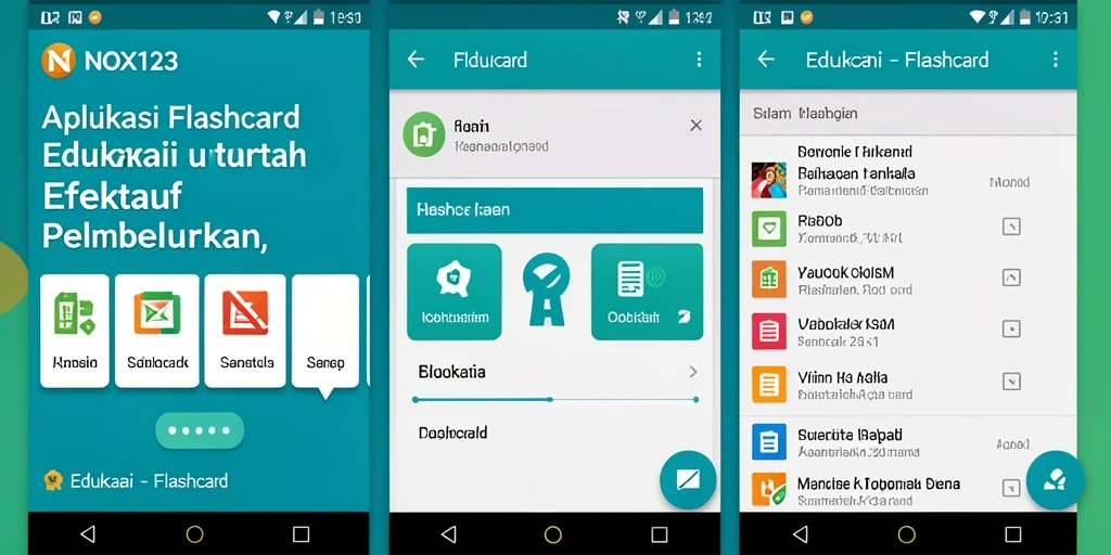 Screenshot NOX123 menampilkan antarmuka ramah pengguna aplikasi Flashcard.