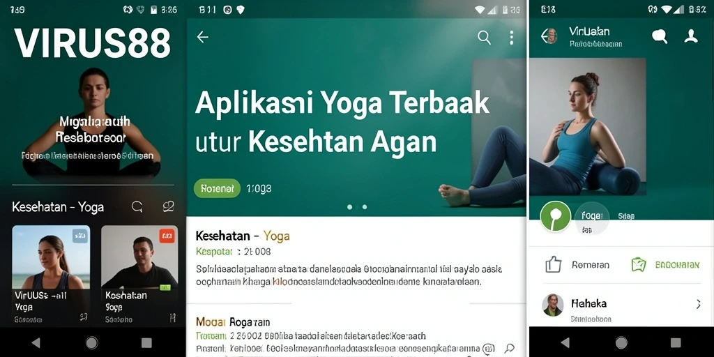 Antarmuka aplikasi VIRUS88 dengan berbagai pose yoga dan fungsi meditasi.